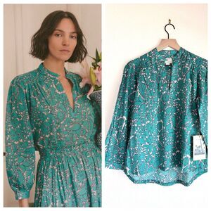 NEW Trovata Birds of Paradis Bailey Shirt Blouse in Teal Thicket Size XS